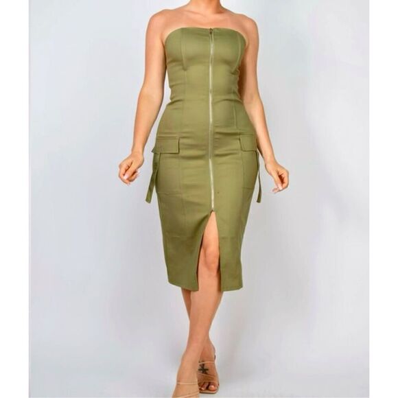 Olive Green Zippered Cargo Tube Dress - Picture 1 of 12